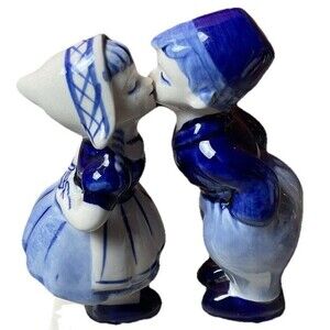Vintage Delft Blue Hand Painted Boy and Girl Kissing Couple Figurine